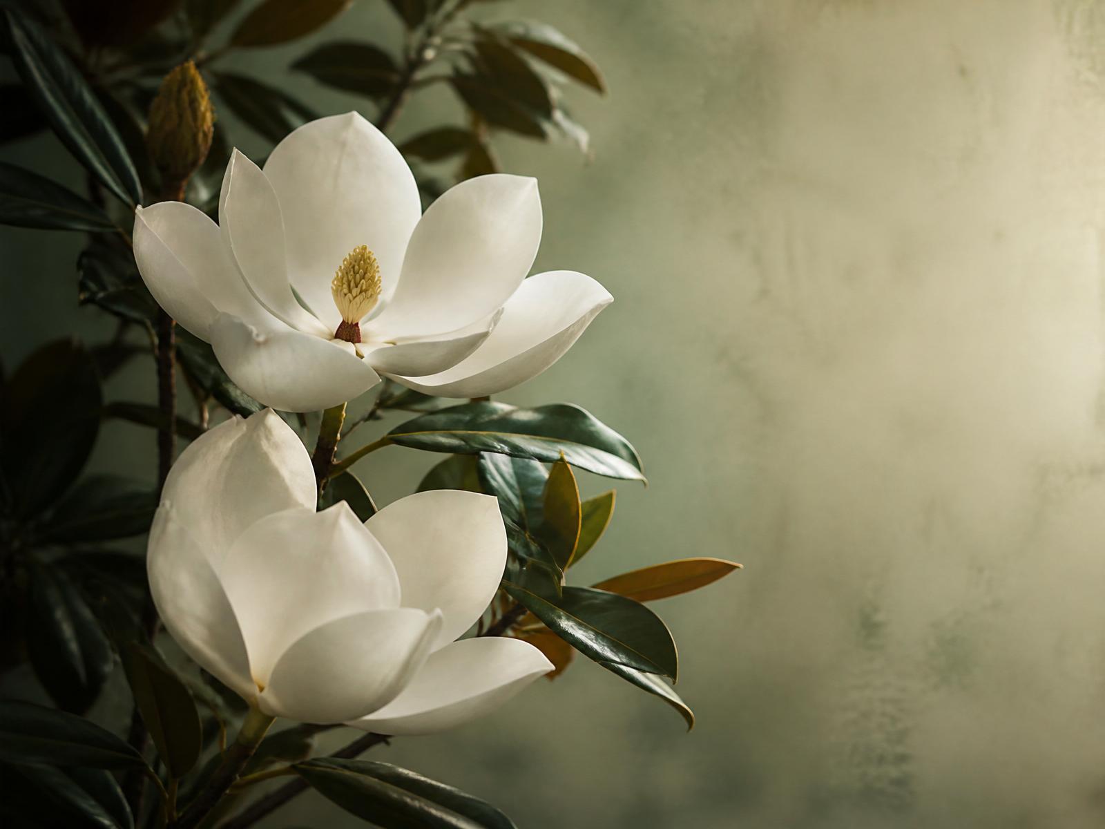 White magnolia blossoms against a soft sage background